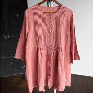 Gudrun Sjoden sz 2XL 100% Linen Pintuck Pleated Tunic Shirt Dress Pale Rose